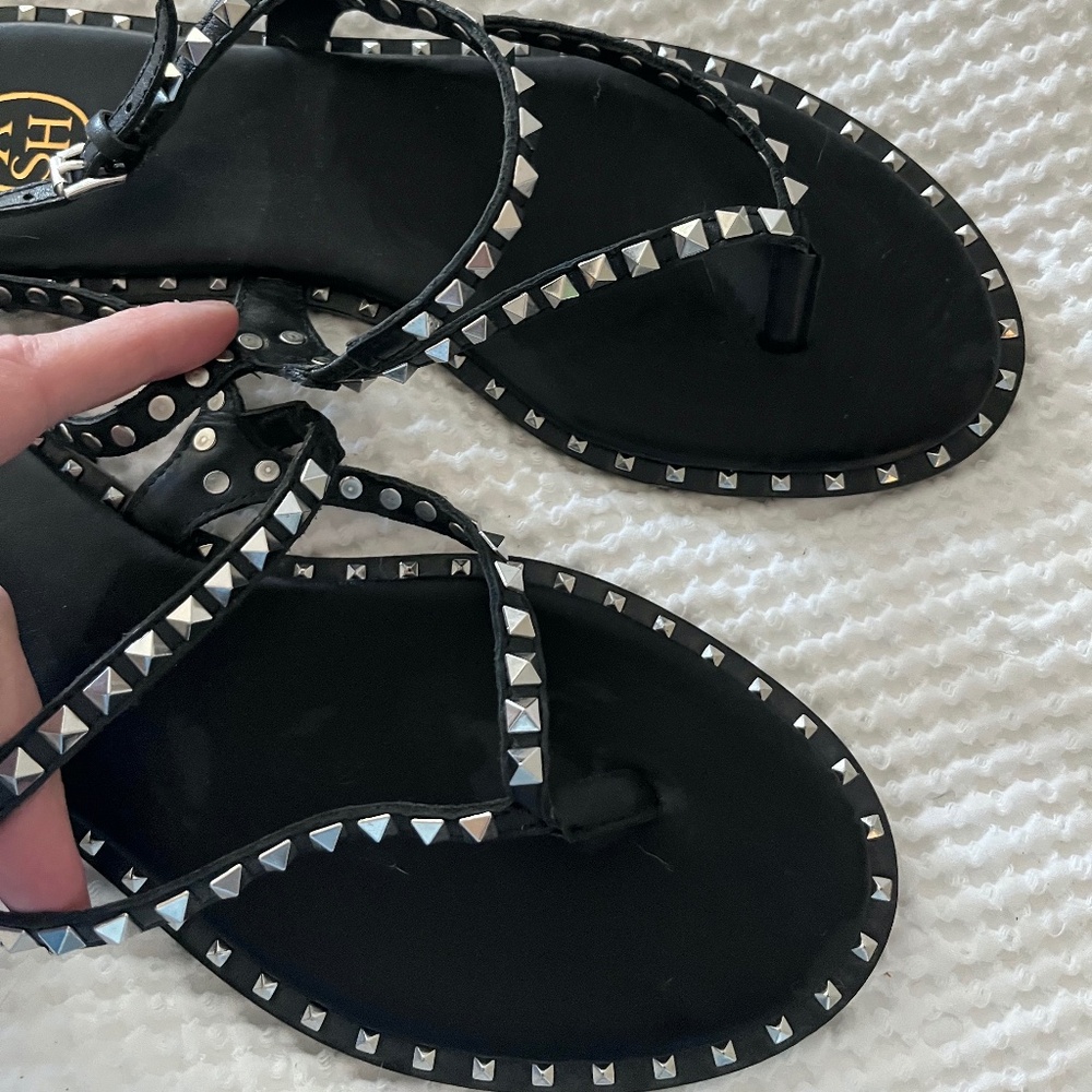 New Ash Studded T-Strap Black Leather Sandals Size 40